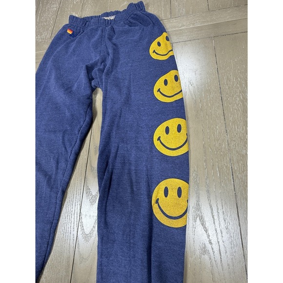 Aviator Nation Sweatpants Womens Blue Fleece Smiley Face Graphic Joggers - Picture 3 of 11